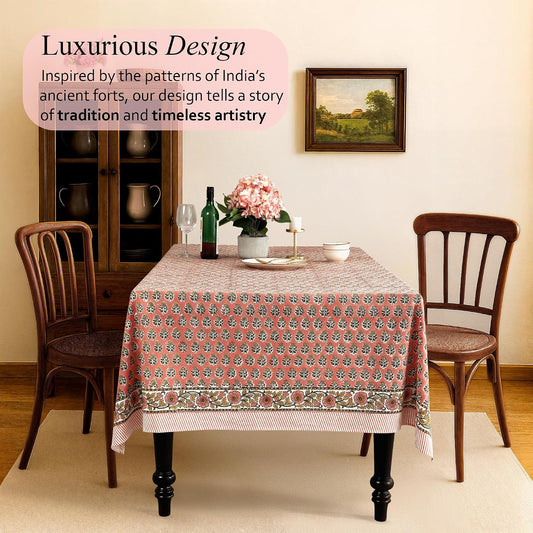 CPC Tablecloth 100% Cotton 60x90 Inch Indian Block Print Rectangle Table Cover, Washable Table Cloth for Weddings, Spring/Summer, Barbeque - Poppy Pink