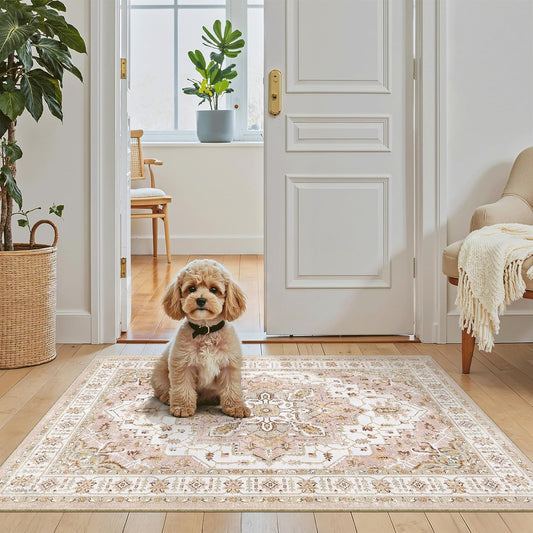 Madane Washable Area Rug 2x3, Small Entryway Rug Non-Slip Vintage Door Mat Indoor Entrance, Low Pile Floor Carpet for Inside Front Door Bedroom Kitchen Entry Laundry (2'x3', Pink)
