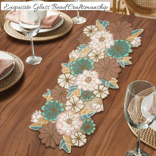 Handmade Beaded Beaded Runner 36 inch for Wedding, Party & Home Decor - 13x36 inch Pink/Light Brown Glass Beads Mat - Rustic Boho Embroidery Runner (Multi) - ALPHA Living HOME