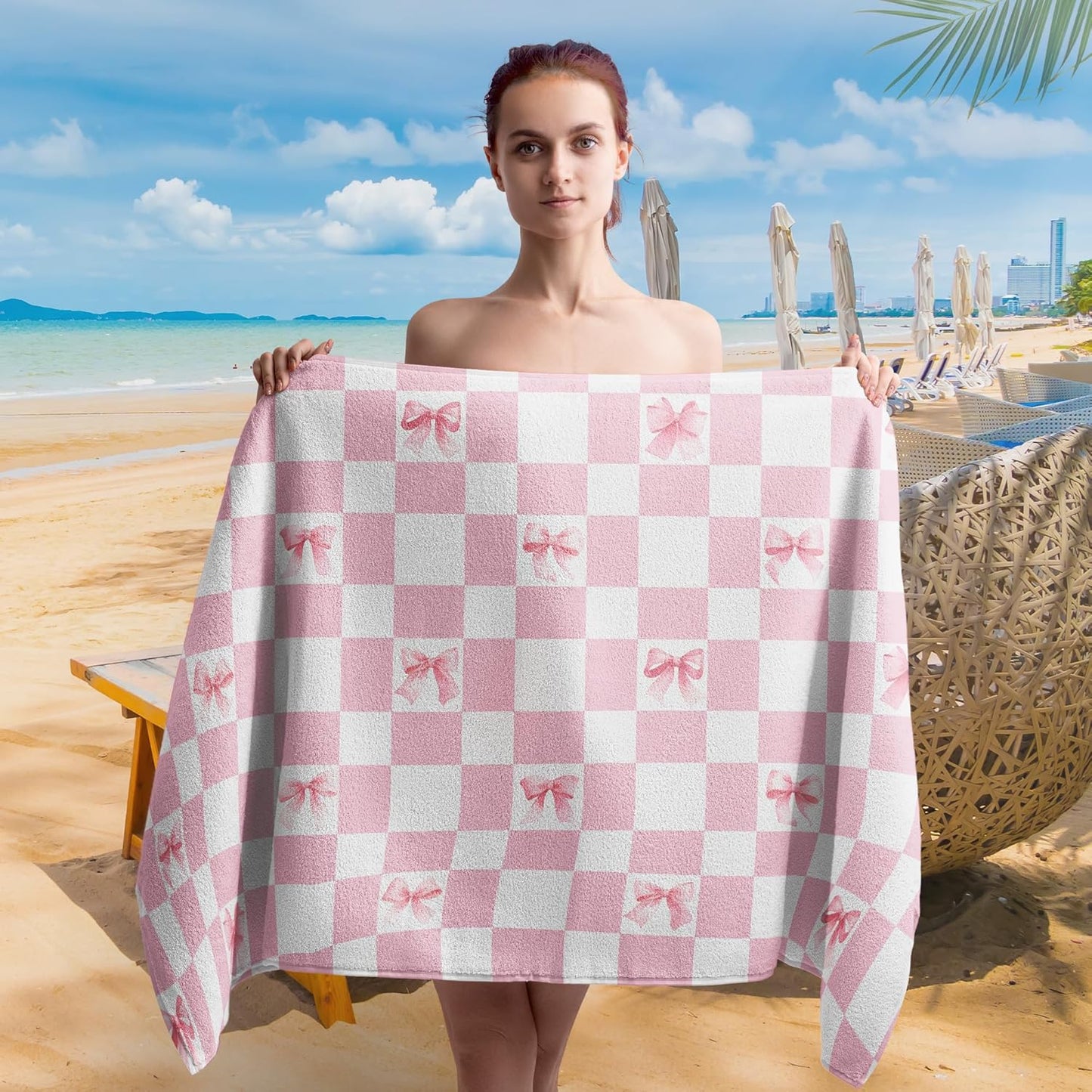 Pink Coquette Bow Checkered Beach Towel, Preppy Beach Towels Oversized Gifts for Women, Girly Aesthetic Checkered Dry Travel Sand Free Towel Decor for Bathroom Swimming Pool 30x60in