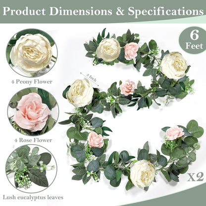 2 Pack 13Ft Artificial Eucalyptus Flower Garland with 16 White Peony Pink Rose, Baby Breath Fake Flowers Greenery Garland Floral Vine for Mantle Wedding Table Runner Centerpiece Backdrop Home Decor