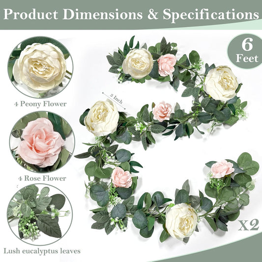 2 Pack 13Ft Artificial Eucalyptus Flower Garland with 16 White Peony Pink Rose, Baby Breath Fake Flowers Greenery Garland Floral Vine for Mantle Wedding Table Runner Centerpiece Backdrop Home Decor