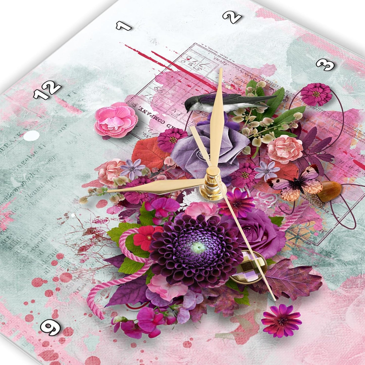 3dRose Wall Clock Silent - 10 inch - Image of Bird in Flower Garden, Butterfly, Pink, Purple, Blue, Coral - Bird Design