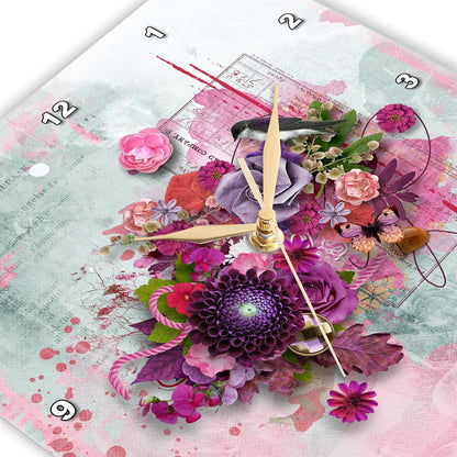 3dRose Wall Clock Silent - 10 inch - Image of Bird in Flower Garden, Butterfly, Pink, Purple, Blue, Coral - Bird Design