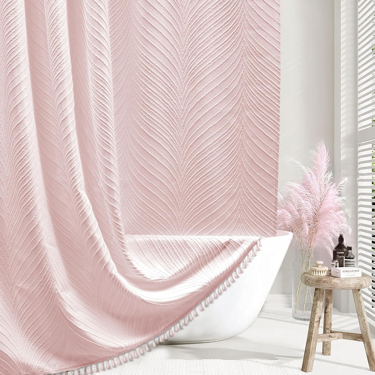 Siiluminisoy Pink Shower Curtain Cute Shower Curtain Fabric Shower Curtains for Girl Tufted Leaves Textured Striped Modern Cloth Shower Curtains for Bathroom, 72" x72"