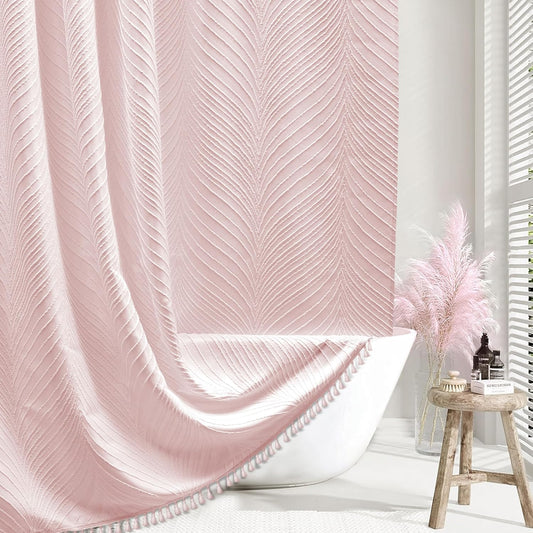 Siiluminisoy Pink Shower Curtain Cute Shower Curtain Fabric Shower Curtains for Girl Tufted Leaves Textured Striped Modern Cloth Shower Curtains for Bathroom, 72" x72"