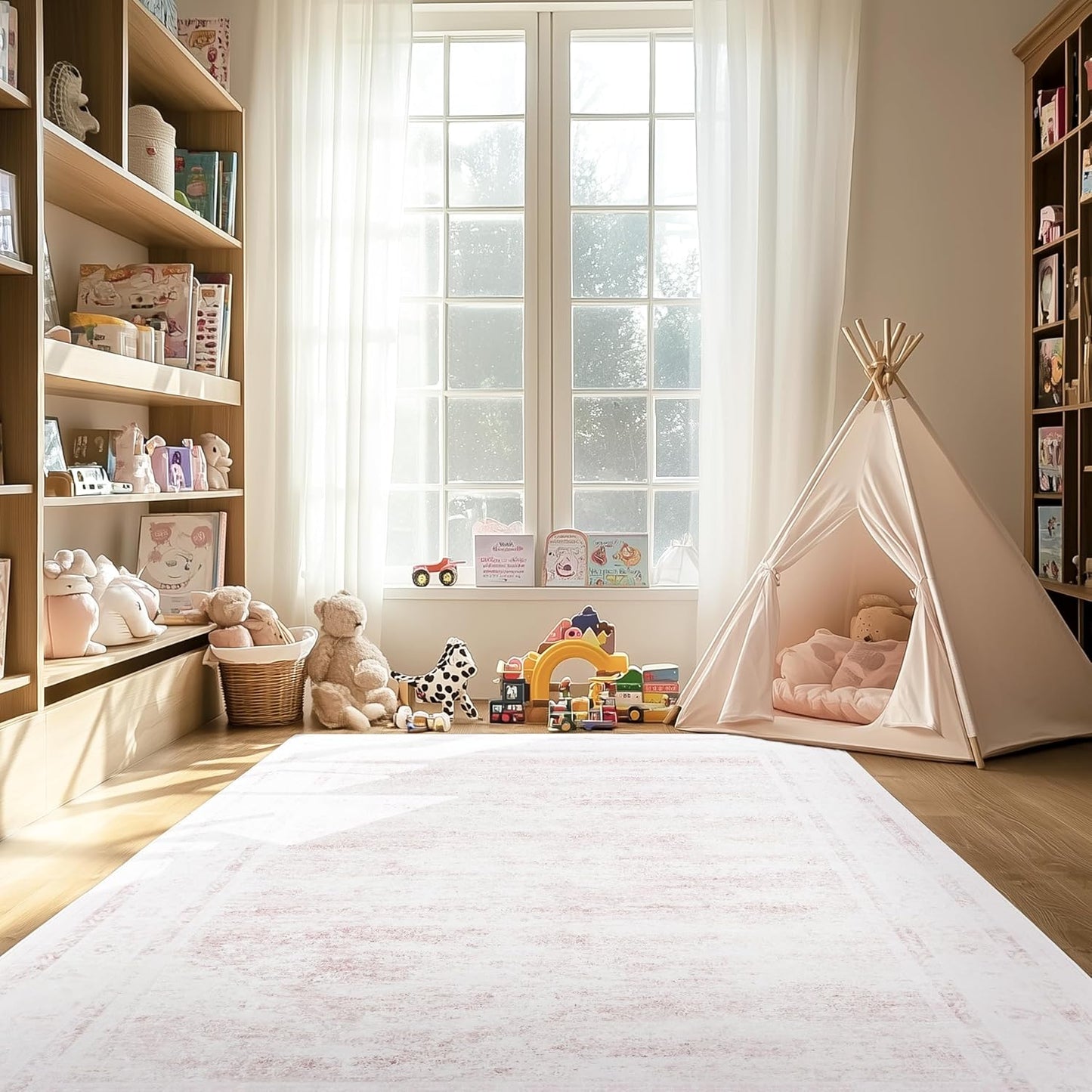 LAISE 5x7 ft Area Rug Pink – Boho Indoor Rug, Machine Washable, Non-Slip, Low Pile Rug for Living Room, Bedroom, Dining, Home Office