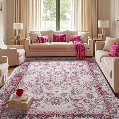 Area Rugs for Living Room, Washable 5x7 Area Rug for Bedroom, Floral Non-Slip Carpet for Nursery Home Office Dorm Dining Room Kitchen, Pink and White