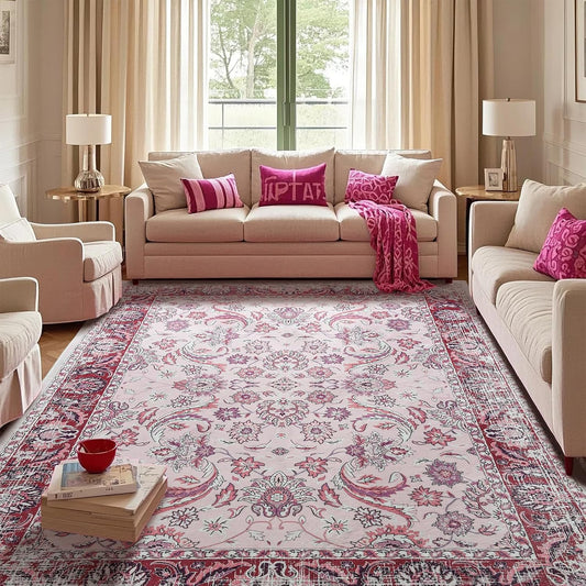 Area Rugs for Living Room, Washable 5x7 Area Rug for Bedroom, Floral Non-Slip Carpet for Nursery Home Office Dorm Dining Room Kitchen, Pink and White