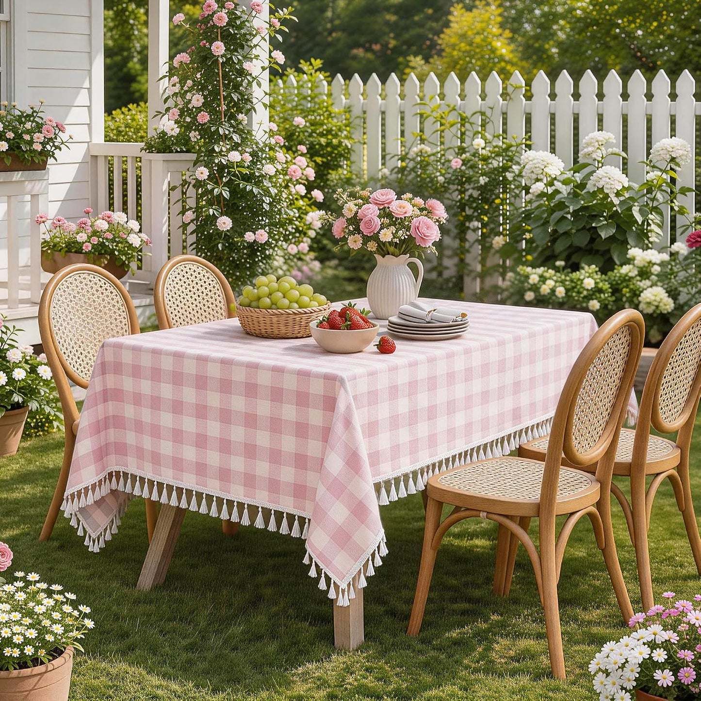 Pink Gingham Tablecloth with Tassels, Cotton Linen Checkered Plaid Table Cloth, Farmhouse Table Cover for Dining Table, Picnic, Baby Shower, Washable, 55x75 Inch Rectangle