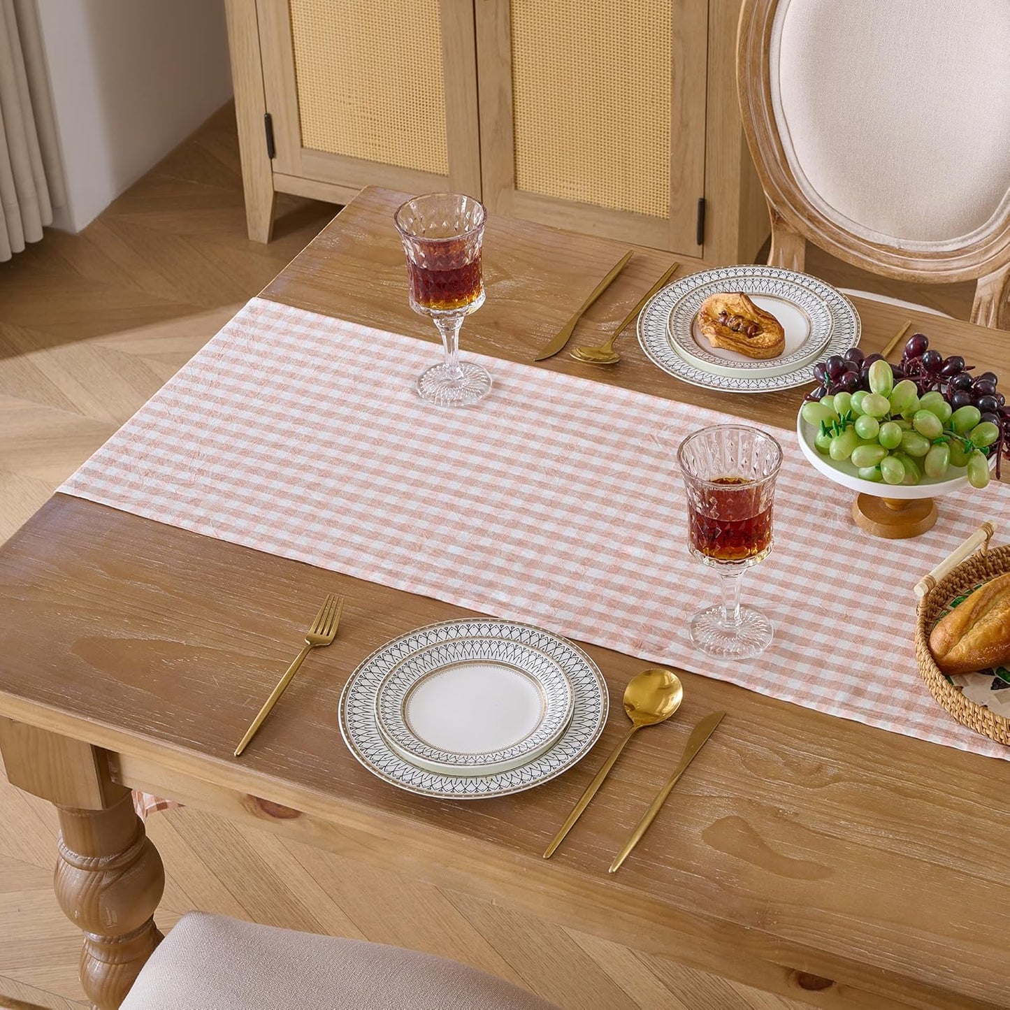 13" x 72" Plaid Gingham Ruffle Table Runner, Pinkish Brown Cotton Checkered Table Runner for Farmhouse, Party, Kitchen Decor