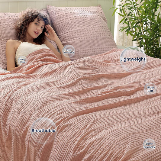 PHF Lightweight Waffle Weave Blanket Queen Size 90"x 90", Soft Woven Summer Blanket for Hot Sleepers - Aesthetic Home Decor for Couch Bed Sofa, Pet Friendly, Rose Pink