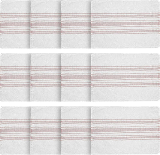 Antique White Stripe Farmhouse 13"x19" Placemat Set of 6 Pink Recycled Plastic (PET) Striped Water-Resistant Rect Kitchen Table Decor, 12 Pack
