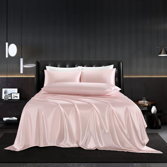 5Pcs Blush Pink Silk Sheets Queen, Blush Pink Satin Sheets Set Silky Comforter Bedding Sheets with 1 Satin Flat Sheet,1Deep Pocket Fitted Sheet,3 Pillowcases with Envelope Closure