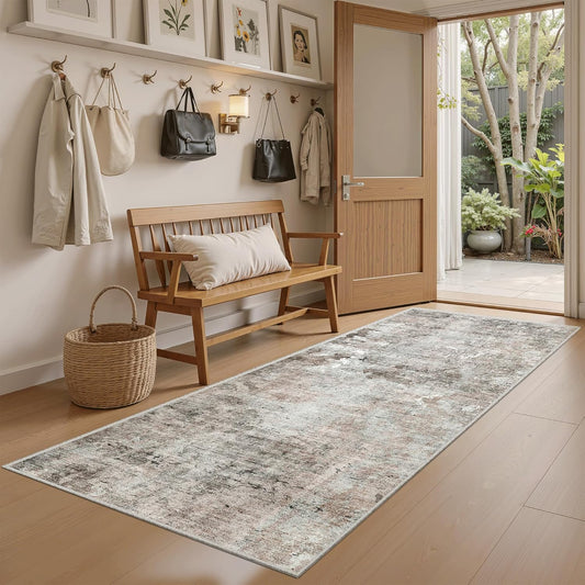 Soalmost Runner Rug 2x5 Washable Non-Slip Kitchen Runner Rugs for Bathroom Laundry Room Pink/Grey Vintage Floor Carpet Runners for Hallway Entryway