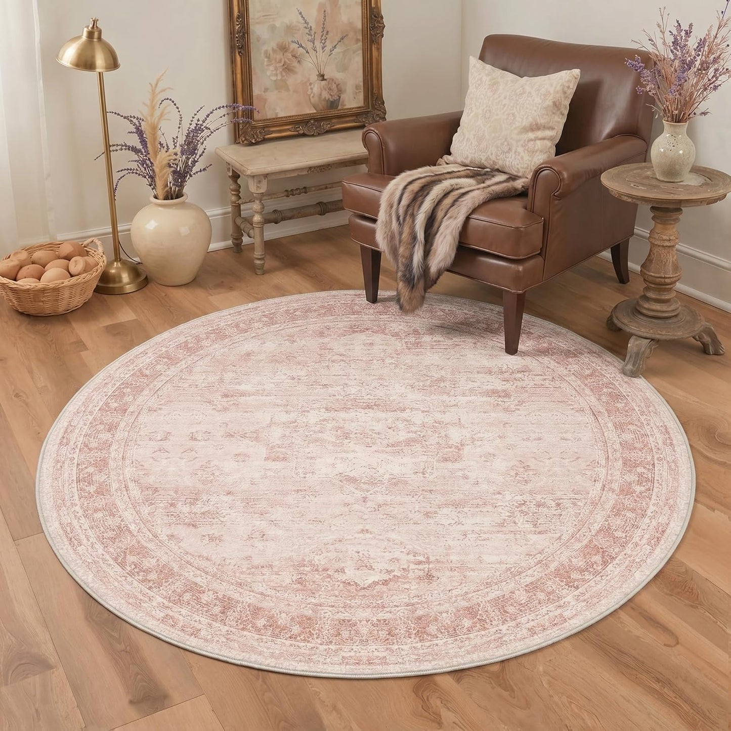 GENIMO 5FT Round Area Rugs for Living Room, Circle Rugs Machine Washable Low Pile, Chenille Non Slip Vintage Rug for Bedroom, Dining Room, Home Office, Pink