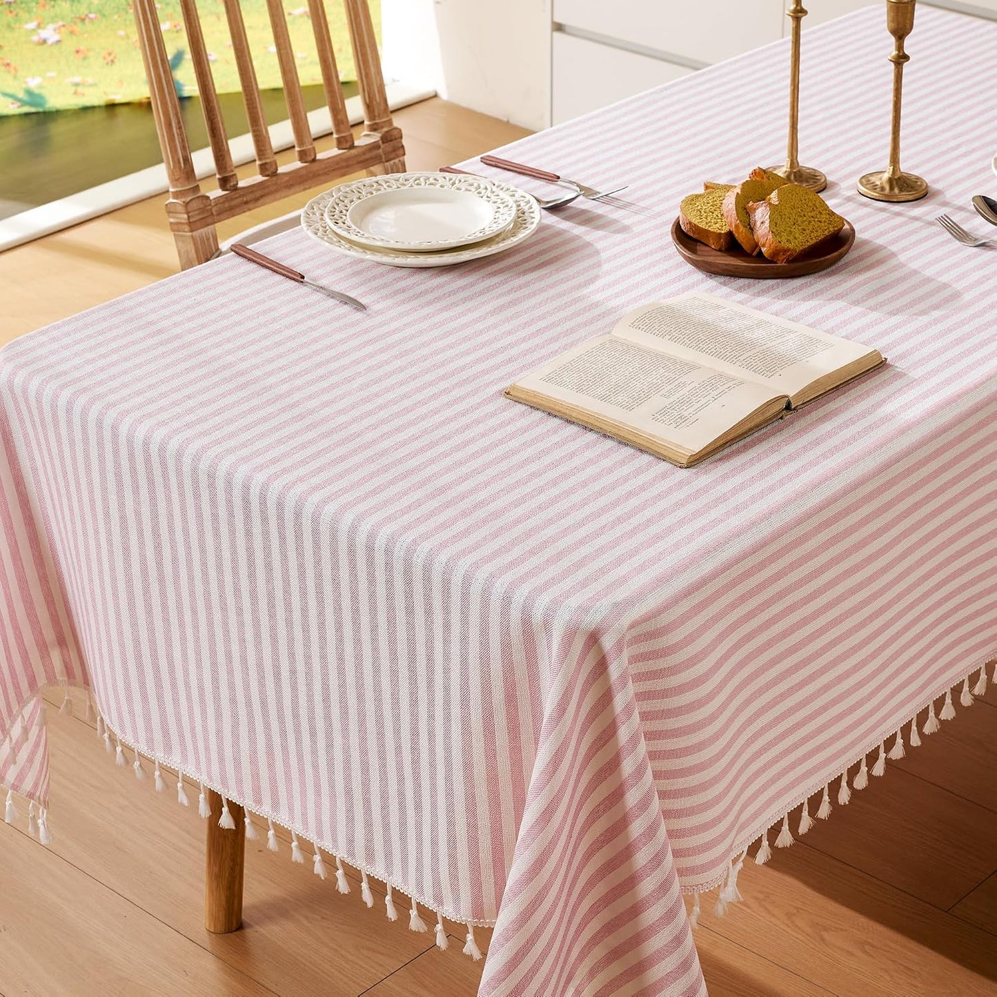 Striped Tablecloth Rectangular Cotton Linen Style Picnic Table Cloths Rectangle with Tassels Washable Table Cover Wrinkle Free for Mothers Day Party Outdoor Dining Room,Pink and White,55x75