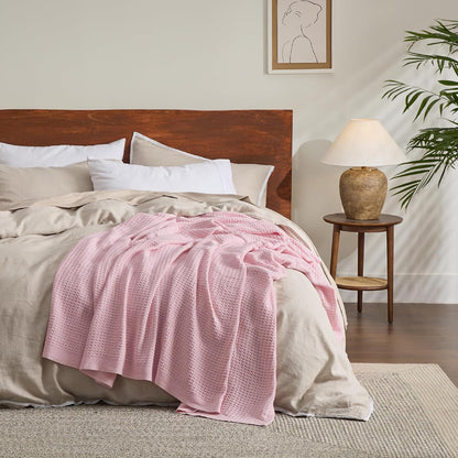 Bedsure Gentlesoft 100% Cotton Blanket Queen Size for Bed - Cooling Breathable and Soft for Summer, Thick Cozy Waffle Weave Blanket Gifts for Women, Light Pink, 90x90 Inches