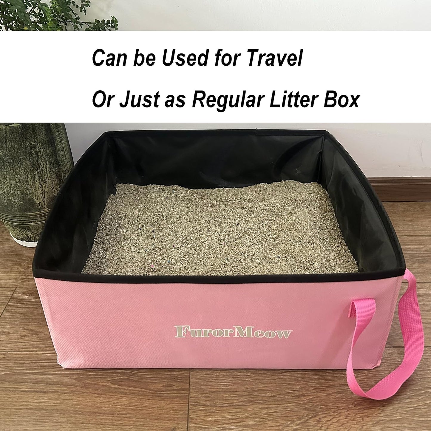 Portable Cat Litter Box, Firm Waterproof Foldable for Travelling for Cats, Including Crinkle Ball, Poop Bags, Foldable Bowl and Scoop, 16.5x16.5x6.3 inches (Pink)