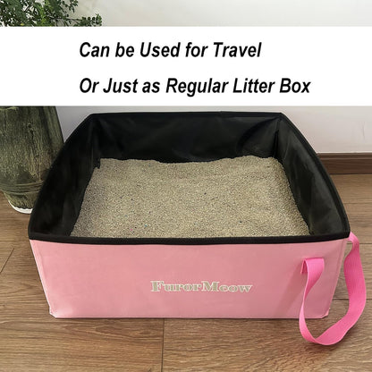 Portable Cat Litter Box, Firm Waterproof Foldable for Travelling for Cats, Including Crinkle Ball, Poop Bags, Foldable Bowl and Scoop, 16.5x16.5x6.3 inches (Pink)