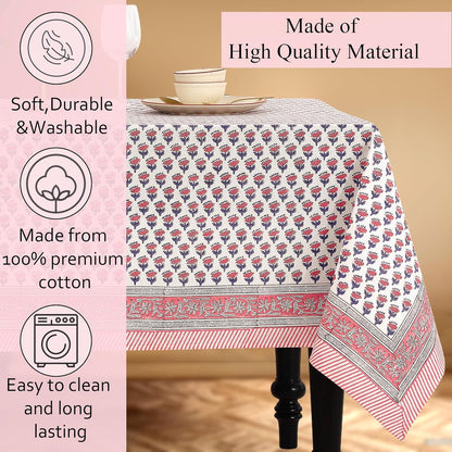 CPC Tablecloth 100% Cotton 60x90 Inch Indian Block Print Rectangle Table Cover, Washable Table Cloth for WeddingsSpring/Summer, Barbeque - Pink Sapphire