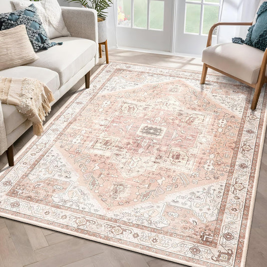 MUJOO Area Rugs 5x7,Pink Washable Rugs for Living Room Bedroom Dining Room,Large Boho Non Slip Carpet Indoor,Vintage Soft Blush and White Floral Rug