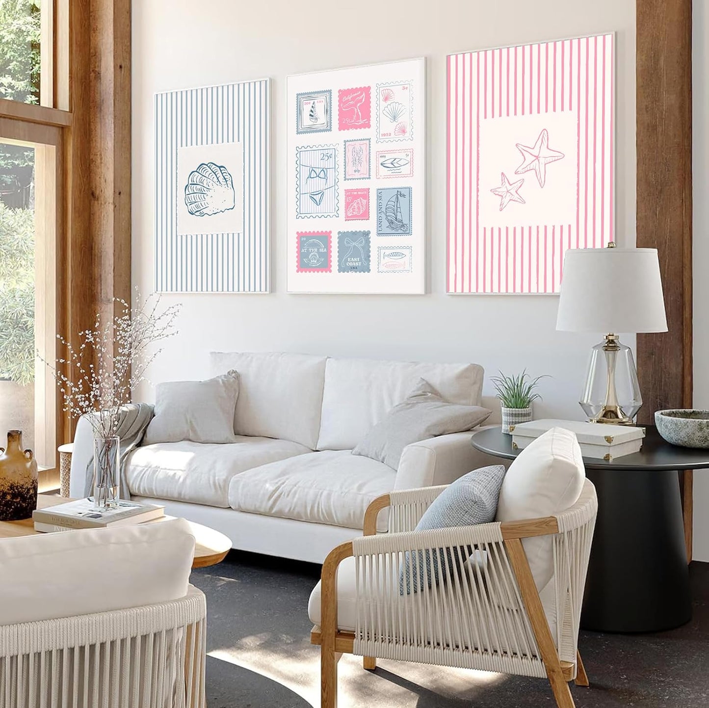 3Pcs Trendy Coastal Pink Canvas Wall Art Blue Seashell Bikini Painting Picture Wall Decor Pastel Coquette Preppy Ocean Poster Print Artwork for Bedroom Dorm Apartment Home Decoration Unframed