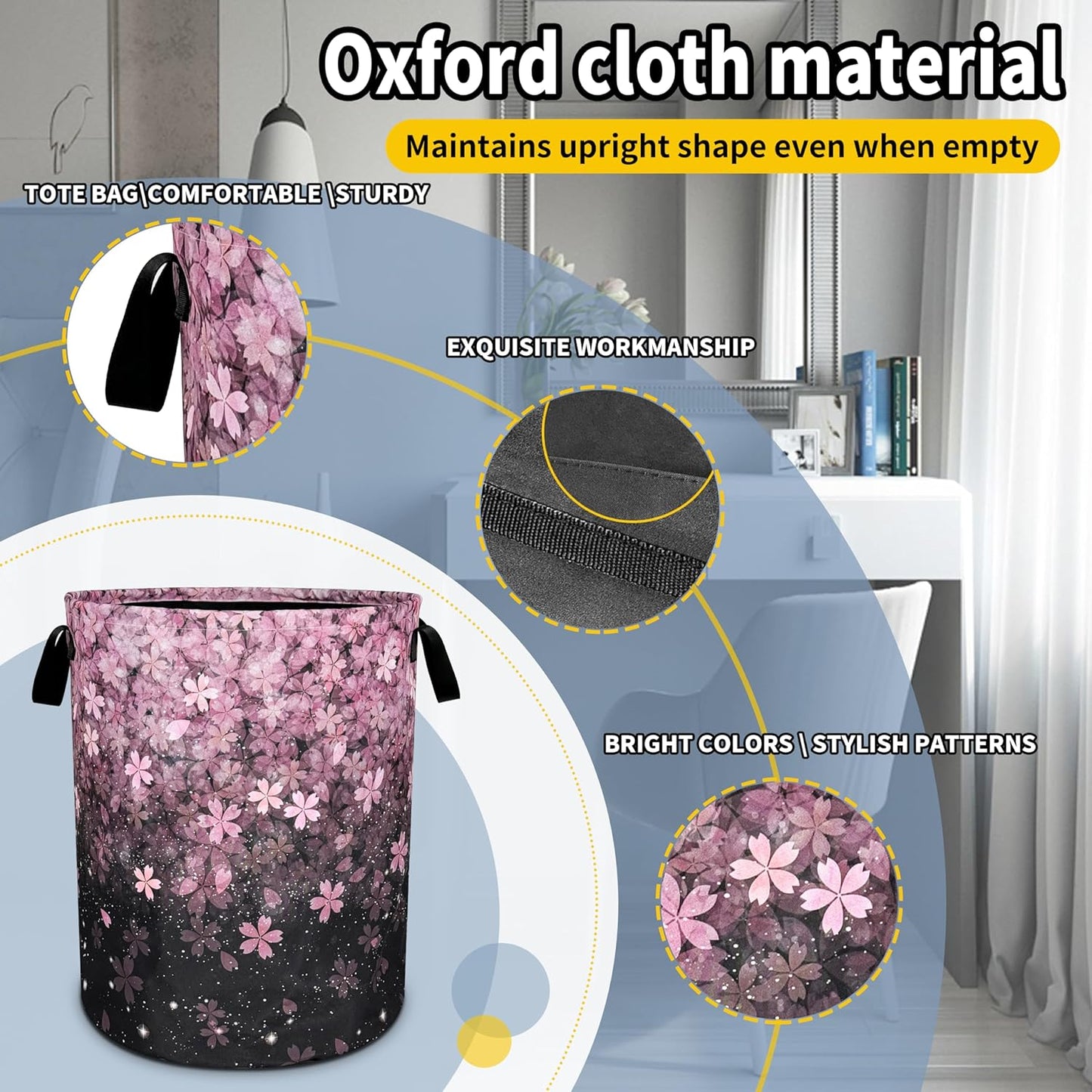 Cherry Blossoms Laundry Basket Pink Flowers Foldable Oxford Cloth Funny Tote Bag Laundry Hamper Clothes Storage Bucket Organizer For Bathroom/Laundry Storage/Bedroom 18.9x16.5 Inch