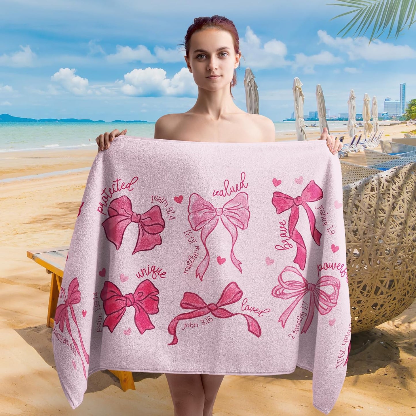 Christian Preppy Beach Towel, Coquette Pink Bow Beach Towels Oversized Gifts for Women Girls, God Say I Am Bible Verse Quick Dry Travel Sand Free Towel Decor for Bathroom Swimming Pool 30x60in