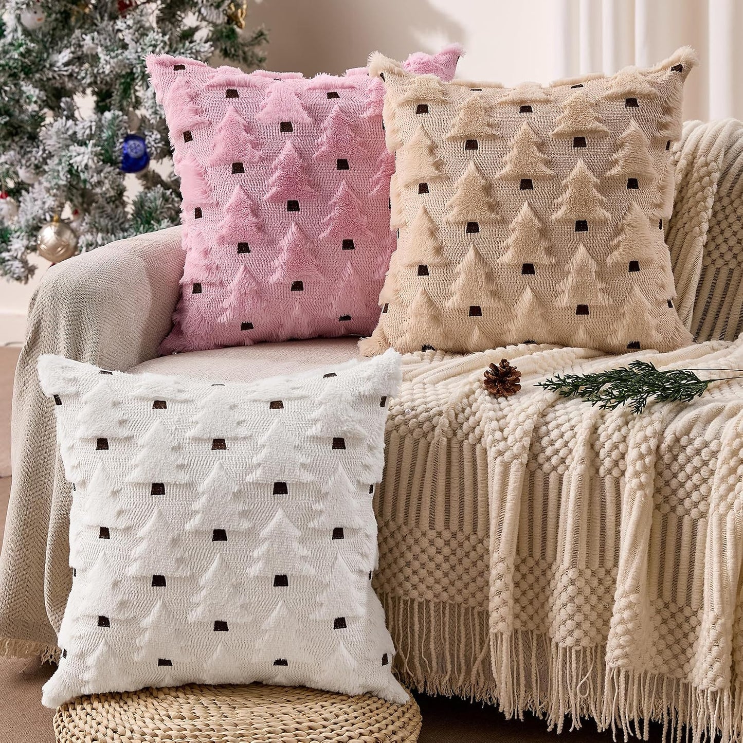 Allorry Christmas Pillow Covers 18x18 inch Set of 2 Pink Christmas Decorations Soft Plush Faux Fur Wool Christmas Tree Throw Pillow Cases Winter Holiday Decor for Sofa Living Room PT002E18