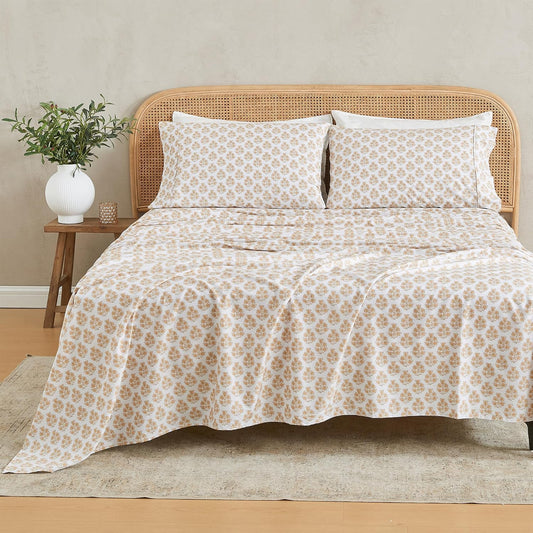 Vintage Comfort Queen Size Sheet Set | Blend of Cotton & Rayon Derived from Bamboo | 4 Piece Pink Sheet Set | Cooling Sheet & Pillowcase Set for Hot Sleepers (Queen, Peach Floral)