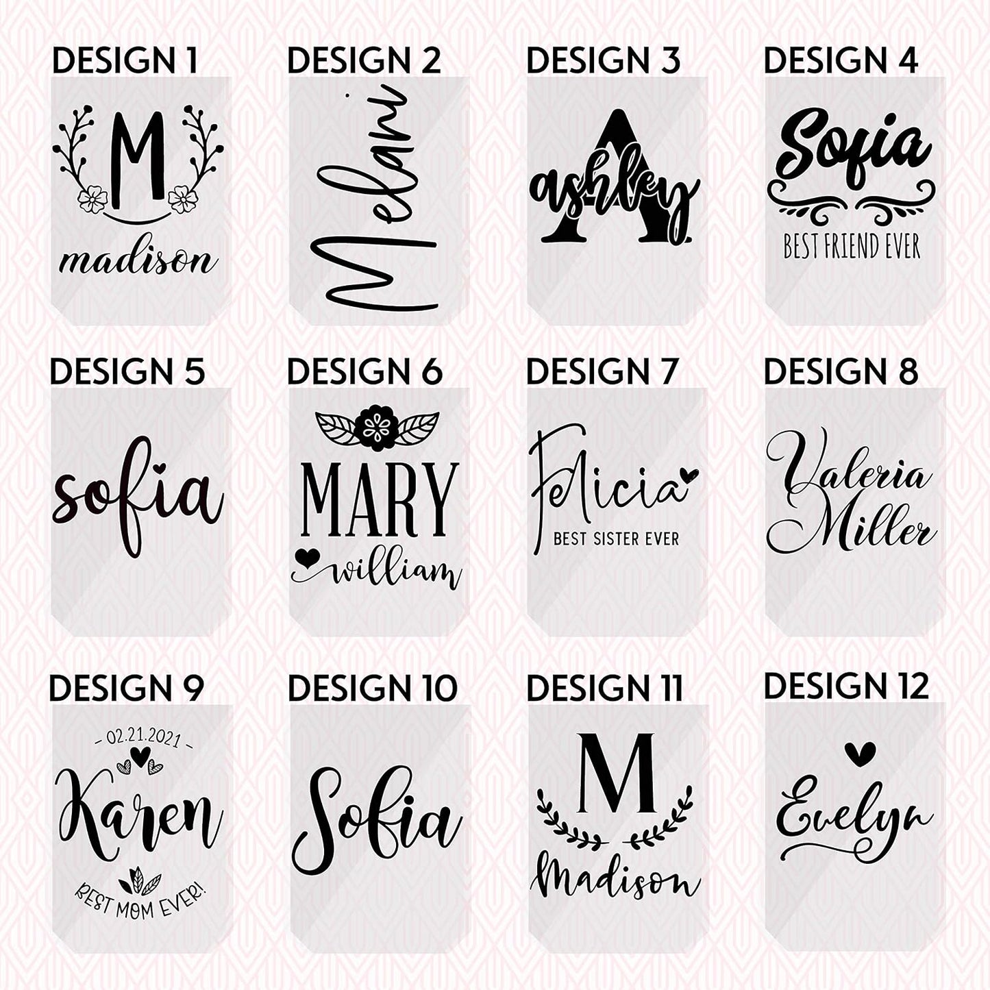 Personalized Wine Tumblers, 12 oz Light Pink, 12 Designs, Stainless Steel Custom Wine Tumblers, Double-Wall, Vacuum Insulated, Personalized Gifts for Women