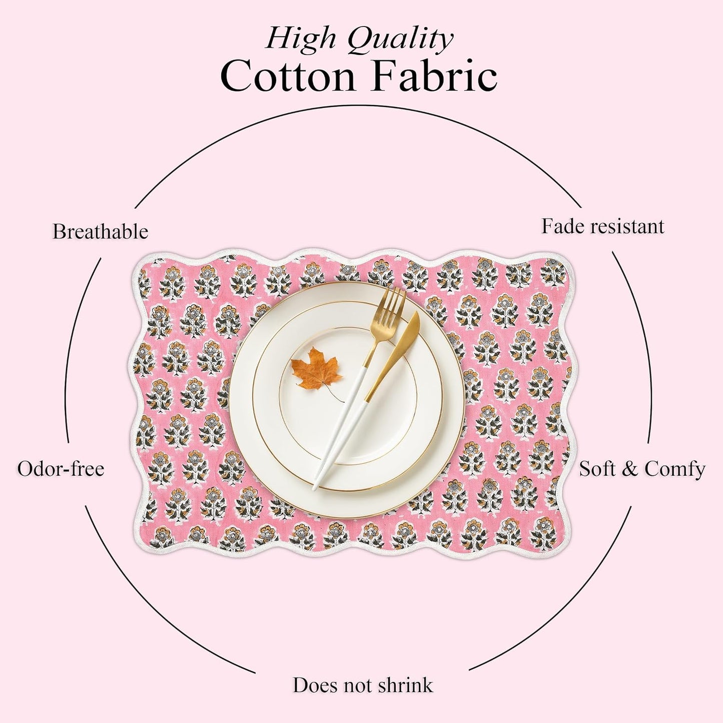 CPC Cotton Placemats Poopy Pink Set of 4-Hand Block Printed Reversible Placemats, Flower Scalloped & Embroidered Cloth Table Mats - 14 x 20 inch Gift for Spring, Mother's Day