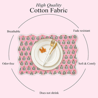 CPC Cotton Placemats Poopy Pink Set of 4-Hand Block Printed Reversible Placemats, Flower Scalloped & Embroidered Cloth Table Mats - 14 x 20 inch Gift for Spring, Mother's Day