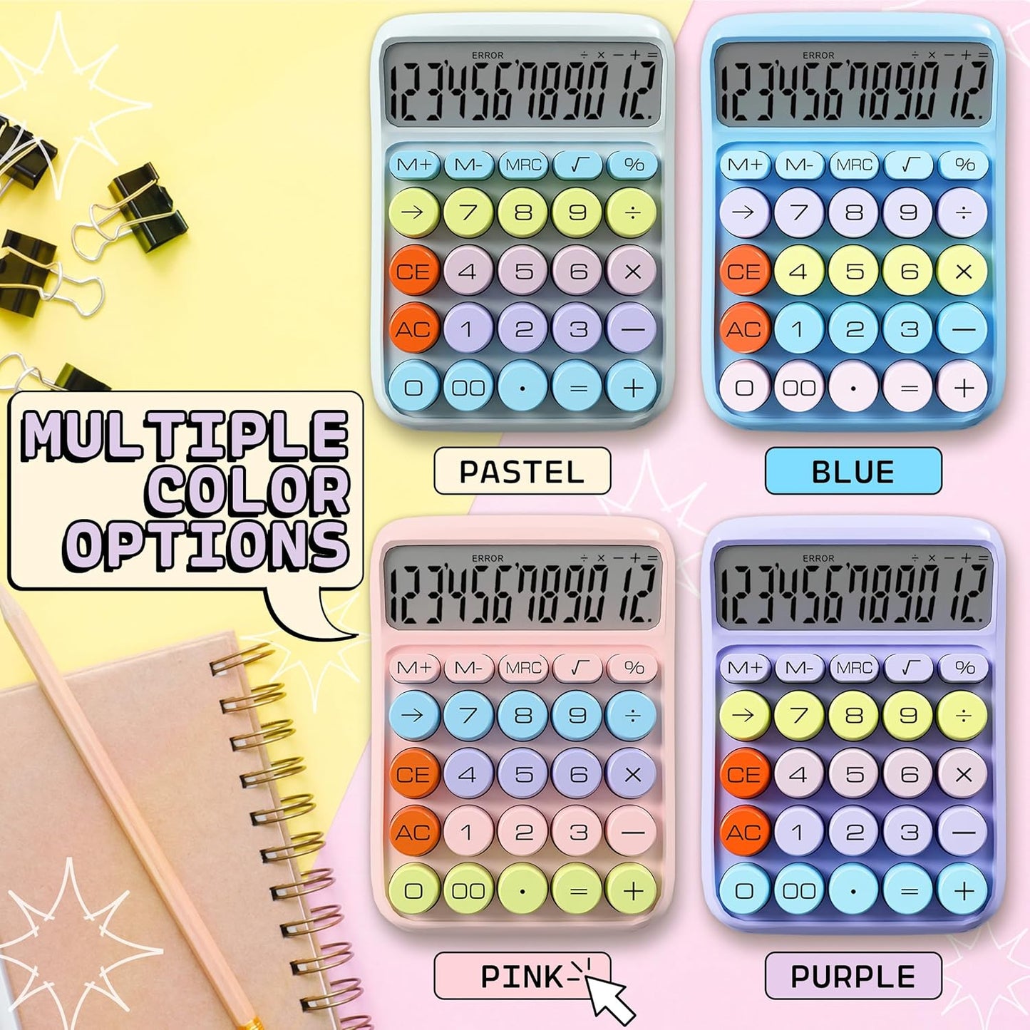 Zeno Pink Calculator – Cute Desk Calculator with Big Buttons, 12-Digit, for School, Office & Pink Desk Accessories