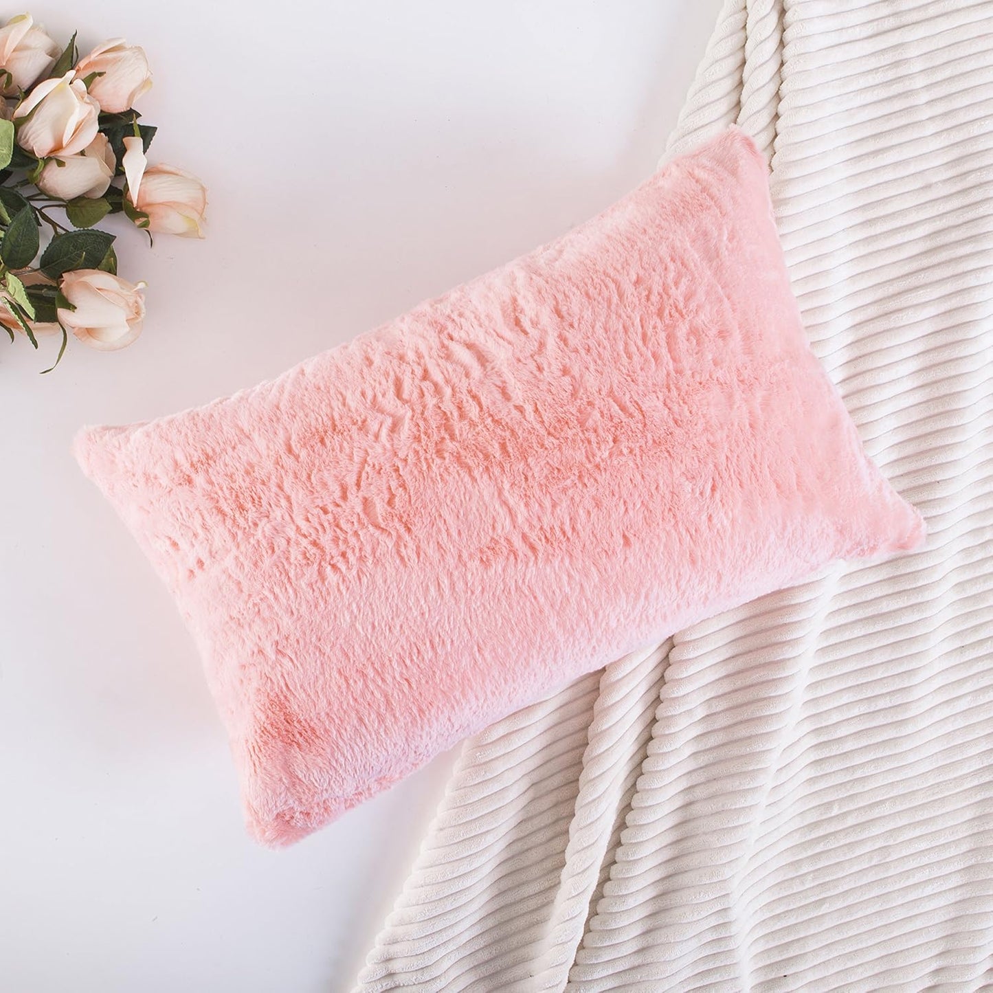 Home Brilliant Pink Pillow Covers 12x20 Decorations Plush Fluffy Faux Fur Throw Pillow Case Supersoft Oblong Cushion Cover for Teen Girls, 12 x 20 inch, Pink