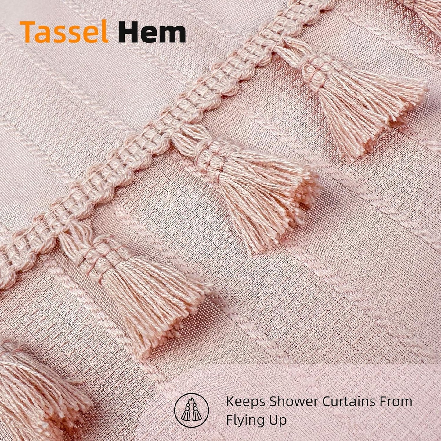 Seasonwood Pink Fabric Boho Shower Curtain Textured Vertical Stripe Tassel Shower Curtain Farmhouse Minimalist Cute Shower Curtains Pink, 72x72