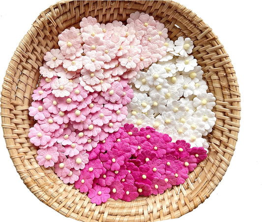 Set of 50 Tiny. Pretty Flowers Embellishment with Thread stem multicolored1 Tone Pink Size 0.31" Mulberry Paper Flowers Craft Supplies Scrap Booking Embellishments for so Many Card Craft Projects
