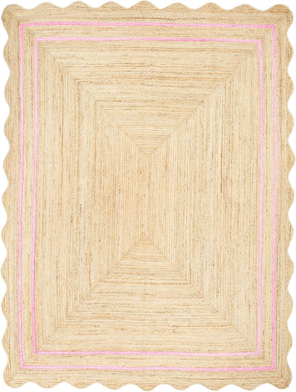 Wave Scalloped Jute Rug | Natural Fiber Area Rug | Boho Farmhouse Rug for Living Room, Bedroom, Entryway - Light Pink [5'x5']