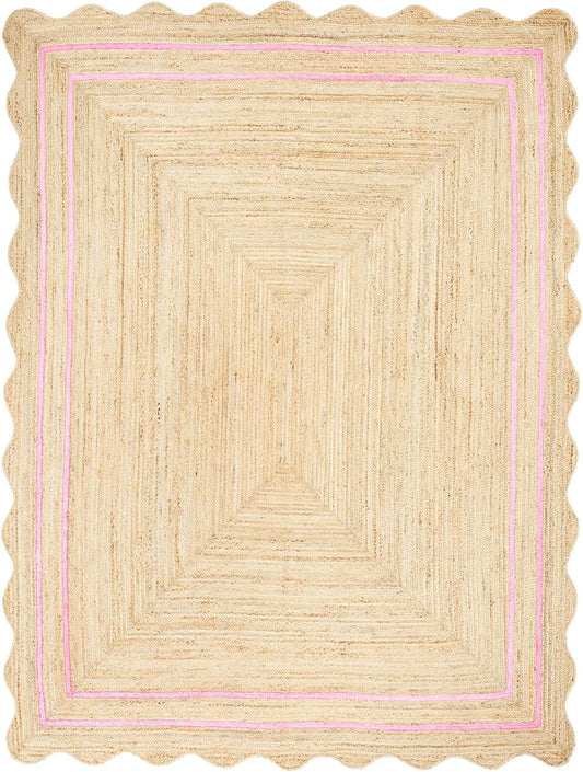Wave Scalloped Jute Rug | Natural Fiber Area Rug | Boho Farmhouse Rug for Living Room, Bedroom, Entryway - Light Pink [5'x5']