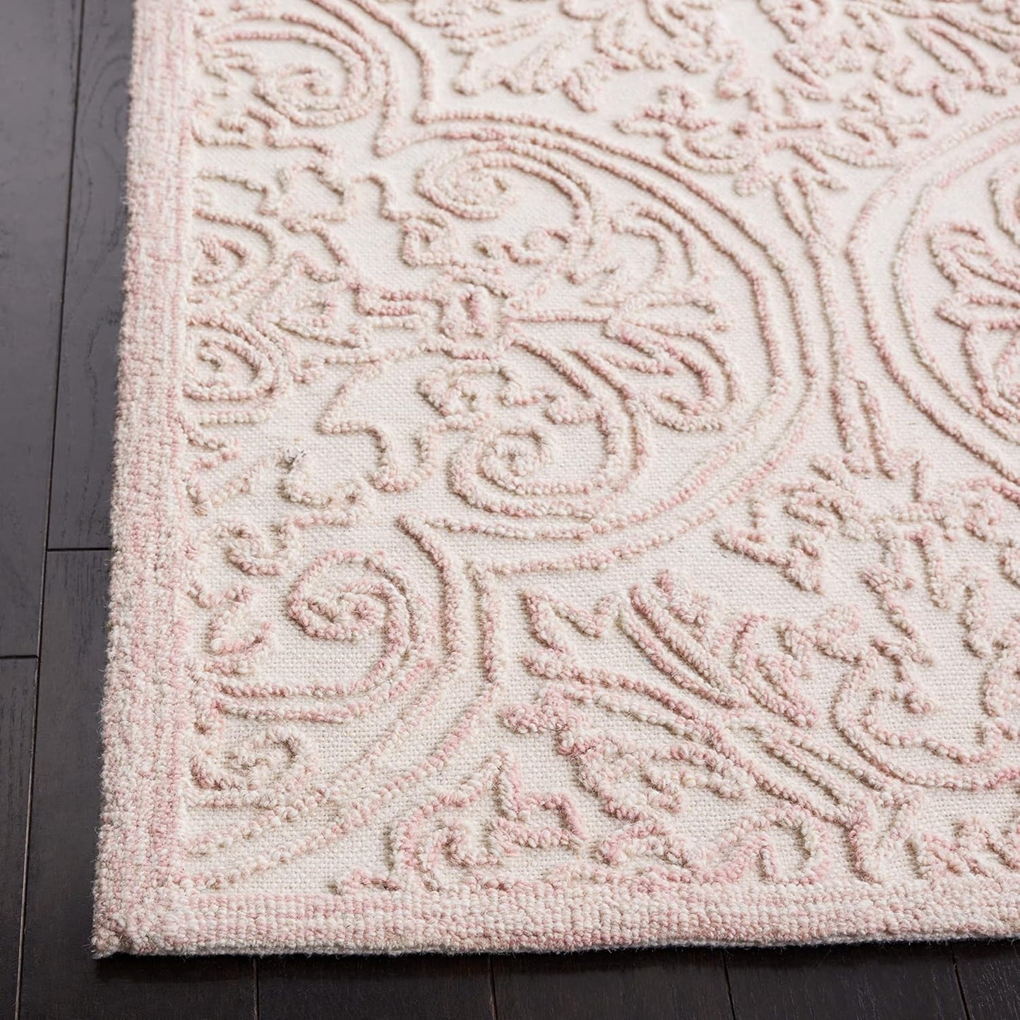 SAFAVIEH Trace Collection Area Rug - 5' x 8', Ivory & Pink, Handmade Wool, Ideal for High Traffic Areas in Living Room, Bedroom (TRC101U)