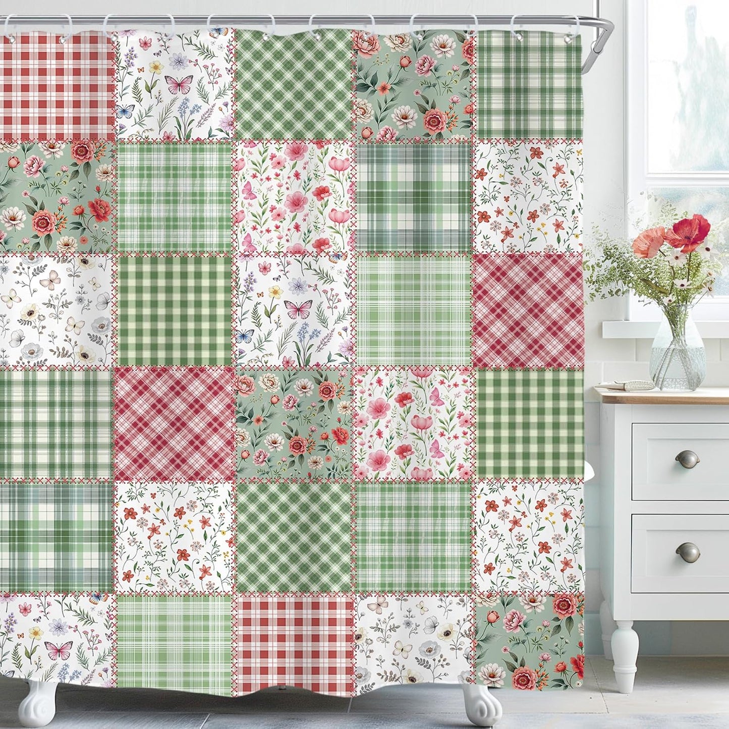 Riyidecor Long Cute Plaid Floral Shower Curtain for Bathroom Decor 72Wx78H Green Boho Flower Pink Retro Patchwork Wildflowers Checkered Art Printed Fabric Polyester Waterproof 12 Pack Plastic Hooks