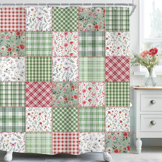 Riyidecor Long Cute Plaid Floral Shower Curtain for Bathroom Decor 72Wx78H Green Boho Flower Pink Retro Patchwork Wildflowers Checkered Art Printed Fabric Polyester Waterproof 12 Pack Plastic Hooks