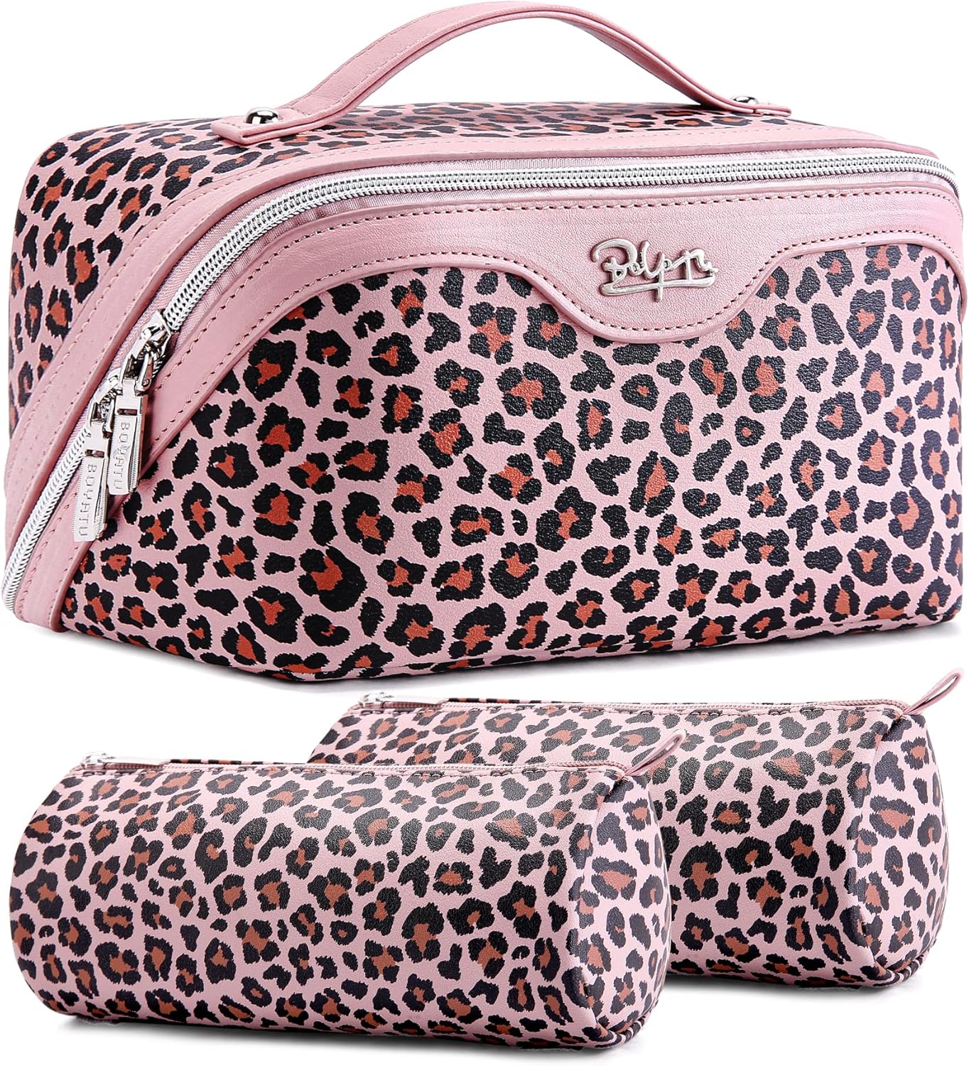 BOYATU Travel Makeup Bag Organizer: 3 Pcs Set Leopard Make up Bag for Women | Vegan Leather Cosmetic Bags with Compartments - Waterproof Toiletry Bag - 180° Open-Flat Make up Case for 3-15 Day Trips