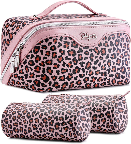 BOYATU Travel Makeup Bag Organizer: 3 Pcs Set Leopard Make up Bag for Women | Vegan Leather Cosmetic Bags with Compartments - Waterproof Toiletry Bag - 180° Open-Flat Make up Case for 3-15 Day Trips