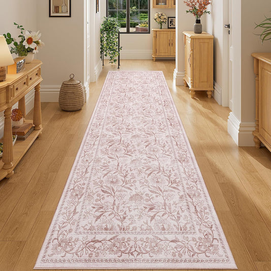 DUKINO 2x6 Rug for Hallway, Vintage Floral Non Slip Kitchen Runner Rug with Washable & Lightweight, Soft Low Pile Indoor Stain Resistant Carpet for Entryway, Bedroom, Bathroom, Laundry, Light Pink