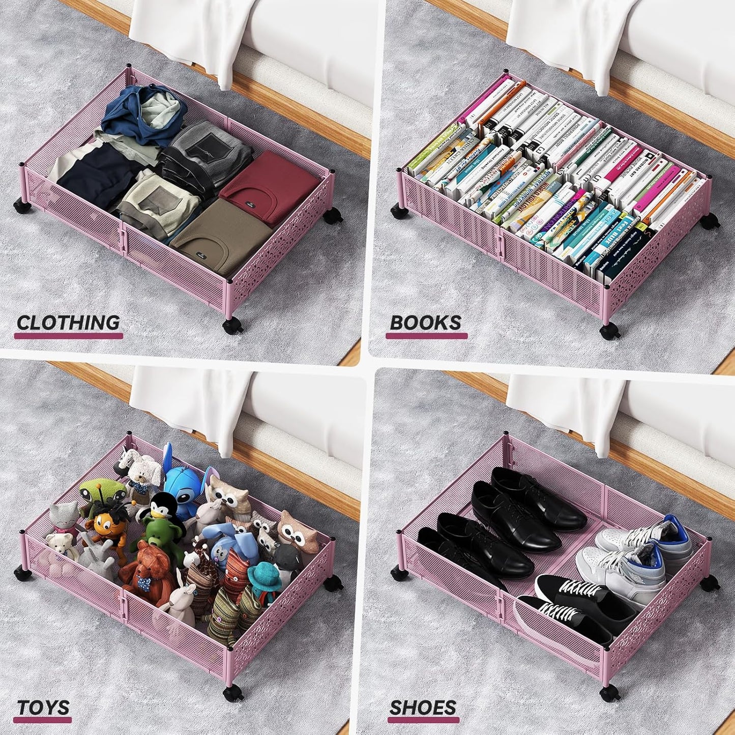 PHINOX Under the Bed Storage Containers with Wheels, Under Bed Storage, Under Bed Shoe Storage Organizer Drawer, Tool-free Assembly Metal Underbed Storage Containers -Pink