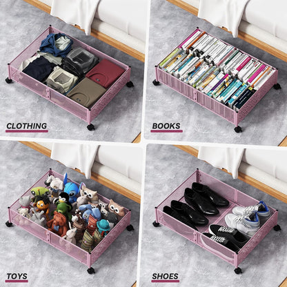 PHINOX Under the Bed Storage Containers with Wheels, Under Bed Storage, Under Bed Shoe Storage Organizer Drawer, Tool-free Assembly Metal Underbed Storage Containers -Pink