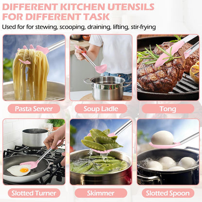 HaWare 29 PCS Silicone Cooking Utensils Set, Heat Resistant Kitchen Utensils Set with Stainless Steel Handle, Spatula Sets with Holder and Hooks, Kitchen Tools Gadgets for Nonstick Cookware -Pink
