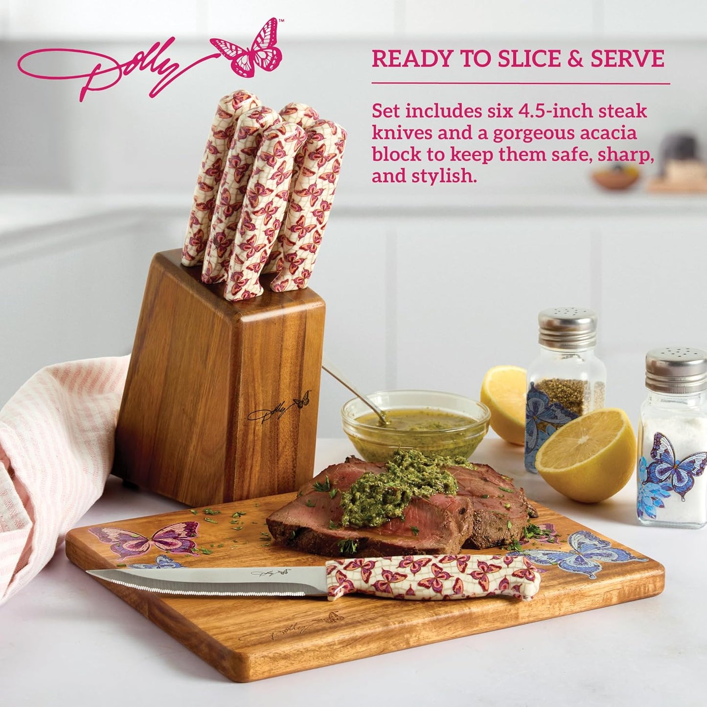 Dolly Parton 7-Piece Steak Knife Set with Pink Handles and Acacia Block for Storage